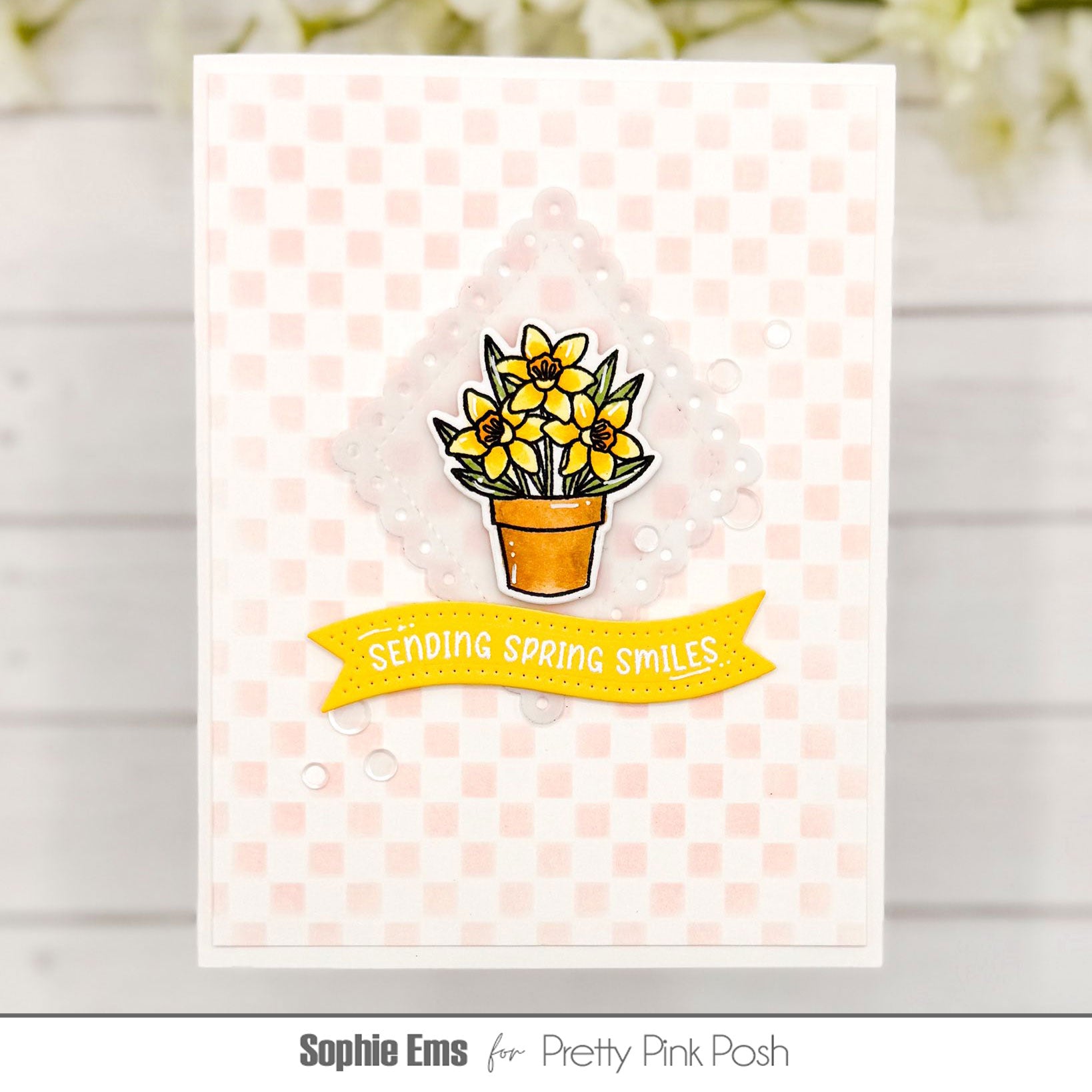 Pretty Pink Posh Mini Checker Stencil potted daffodils