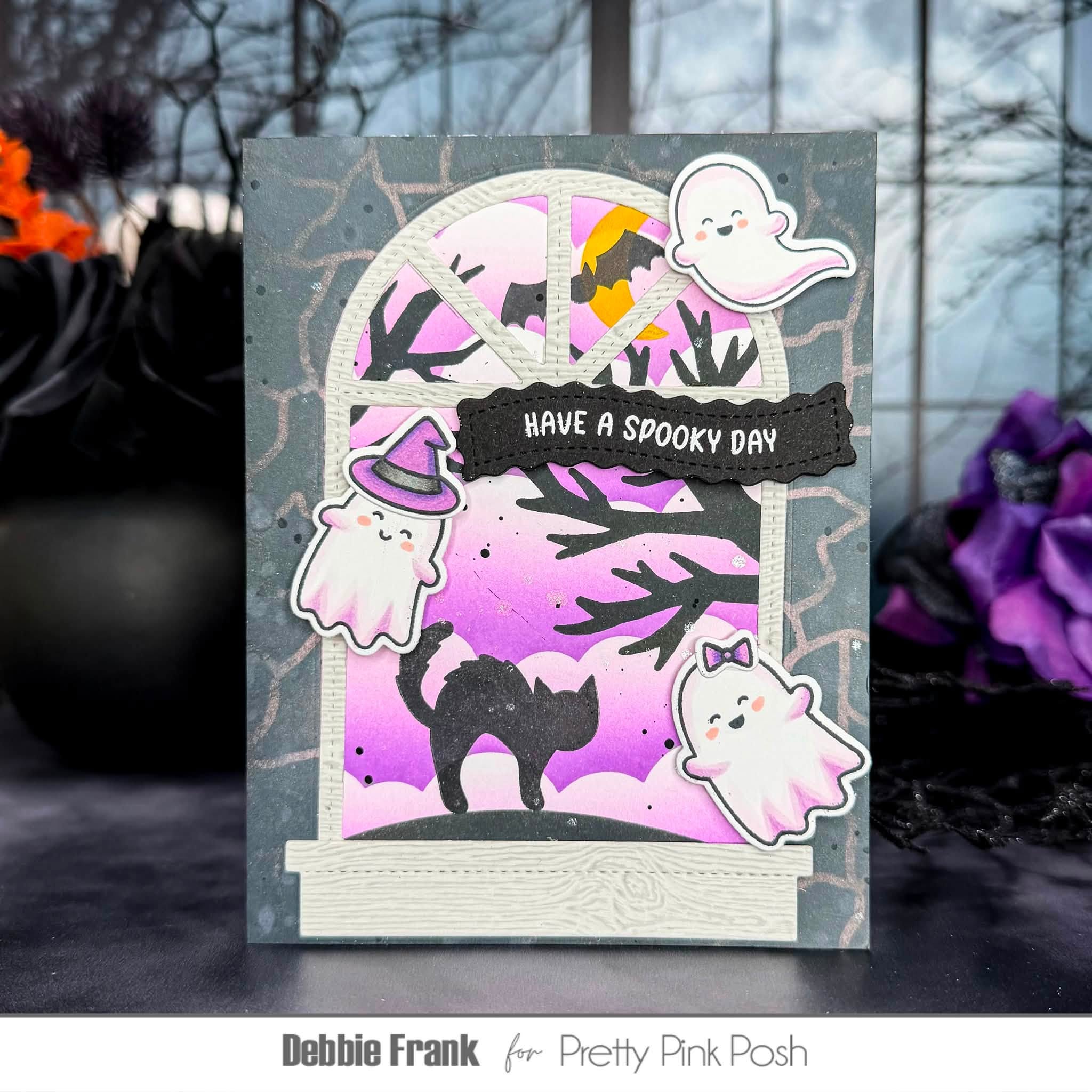 Pretty Pink Posh Mini Ghosts Clear Stamps black cat spooky day card