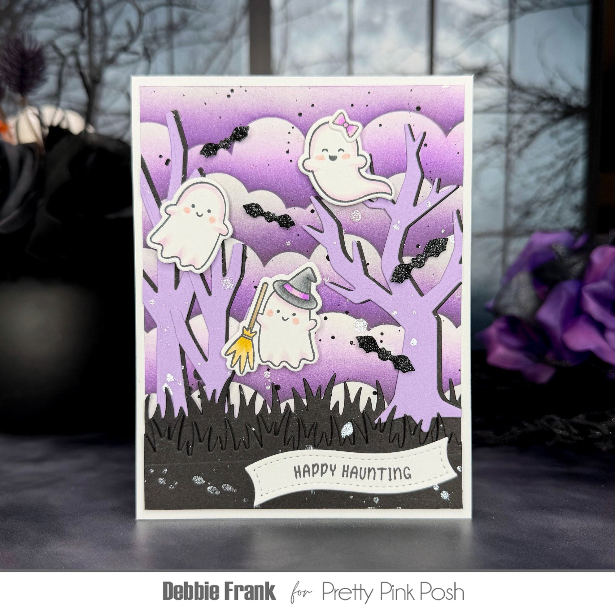 Pretty Pink Posh Mini Ghosts Clear Stamps happy haunting card