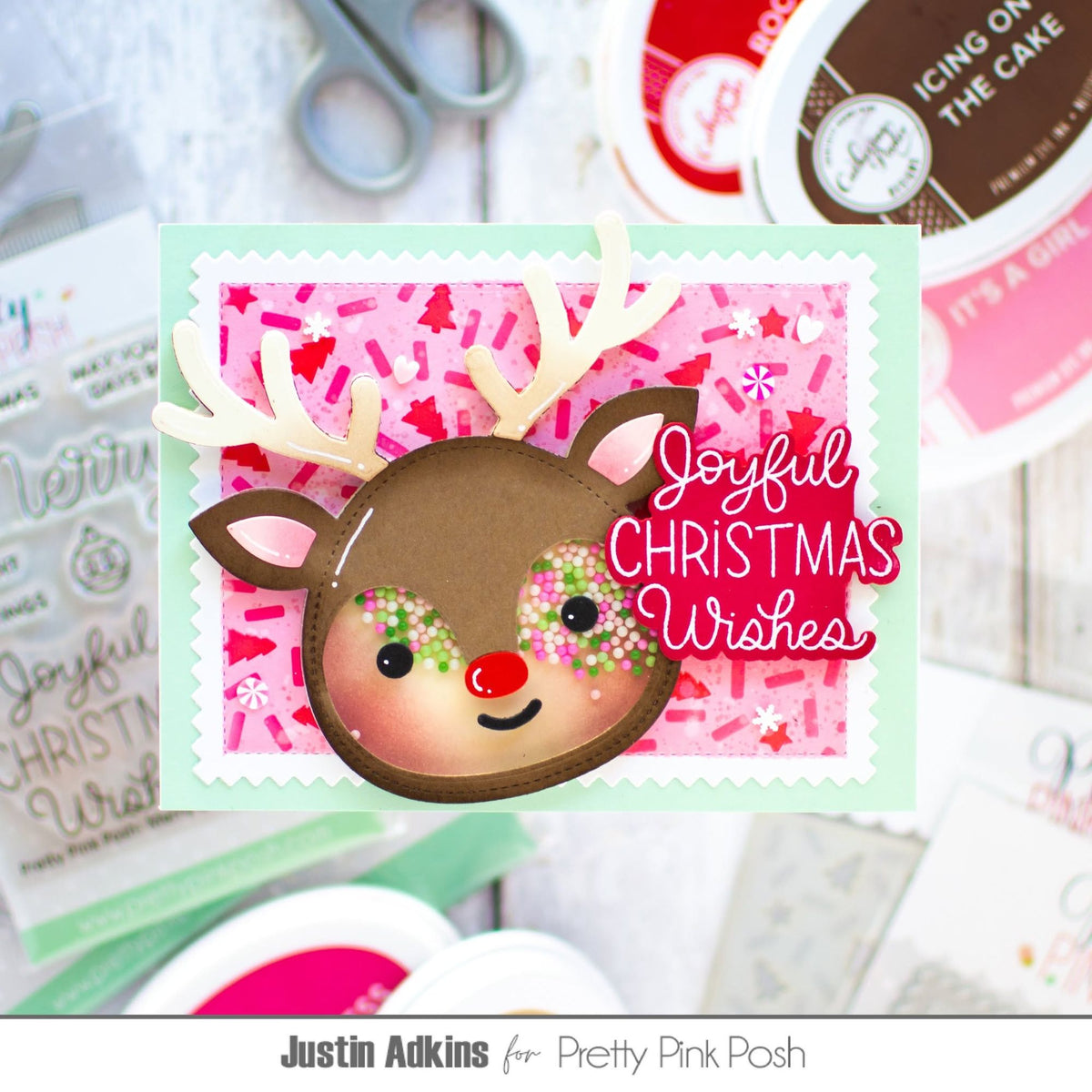Pretty Pink Posh Mistletoe Kisses Shaker Beads joyful christmas shaker card