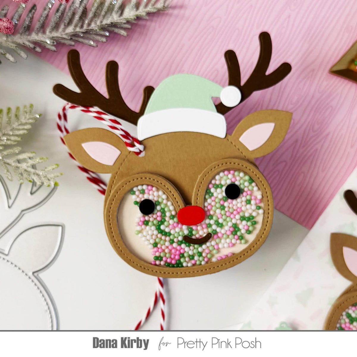 Pretty Pink Posh Mistletoe Kisses Shaker Beads reindeer face shaker tag