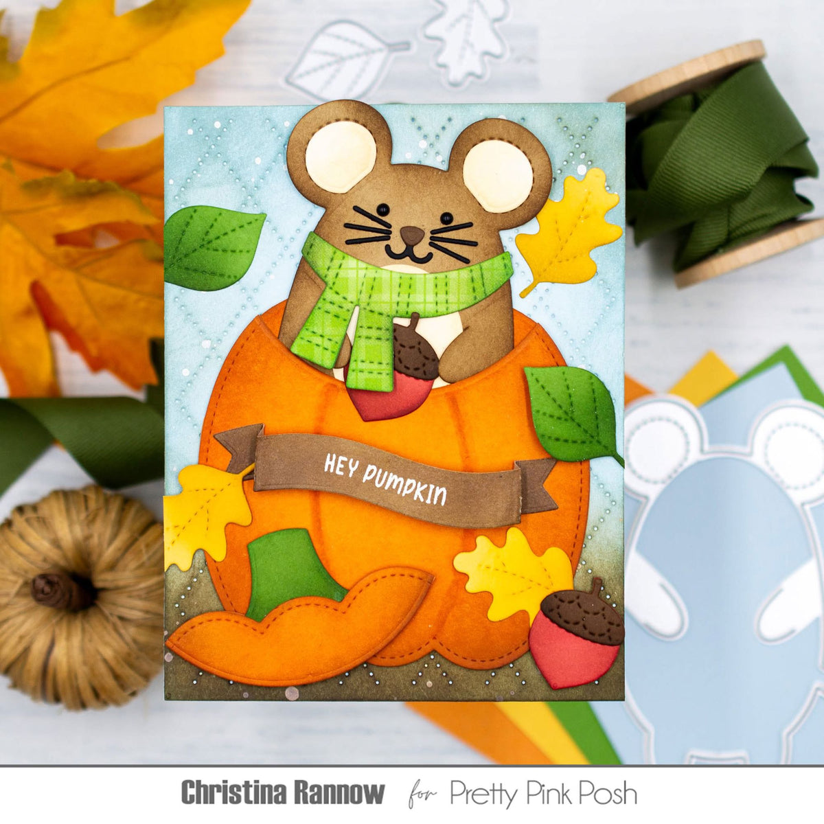 Pretty Pink Posh Mouse Holder Dies hey pumpkin leaves card