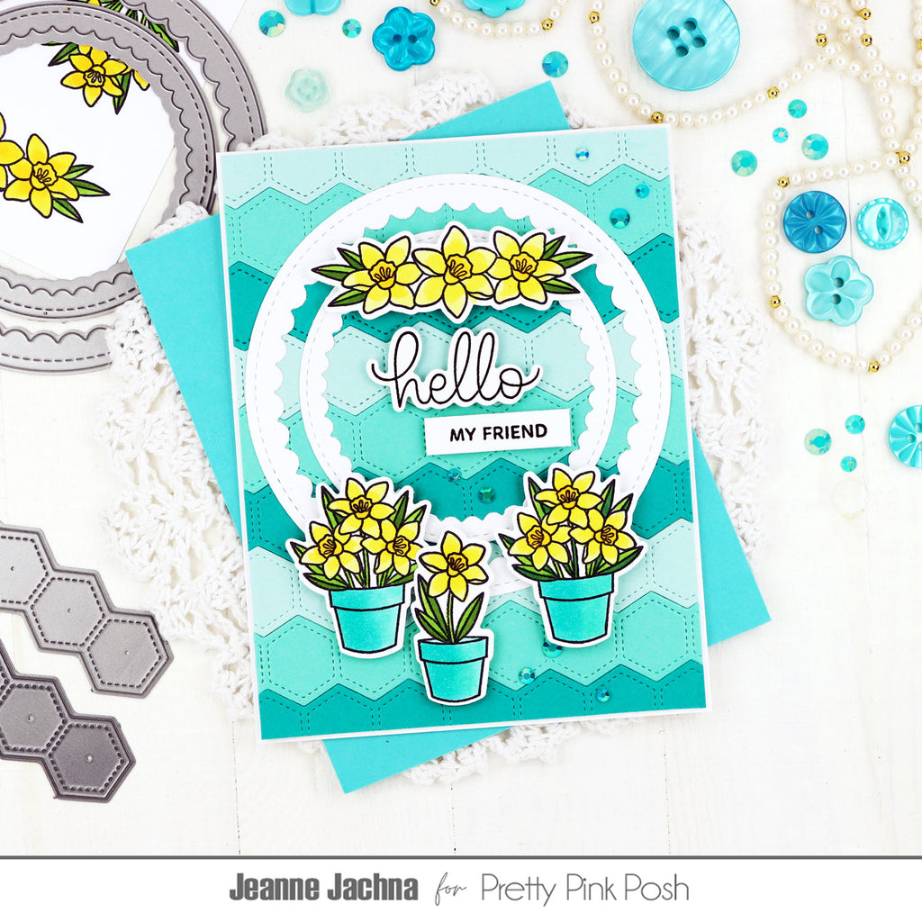 Pretty Pink Posh Potted Daffodils Clear Stamps hexagons