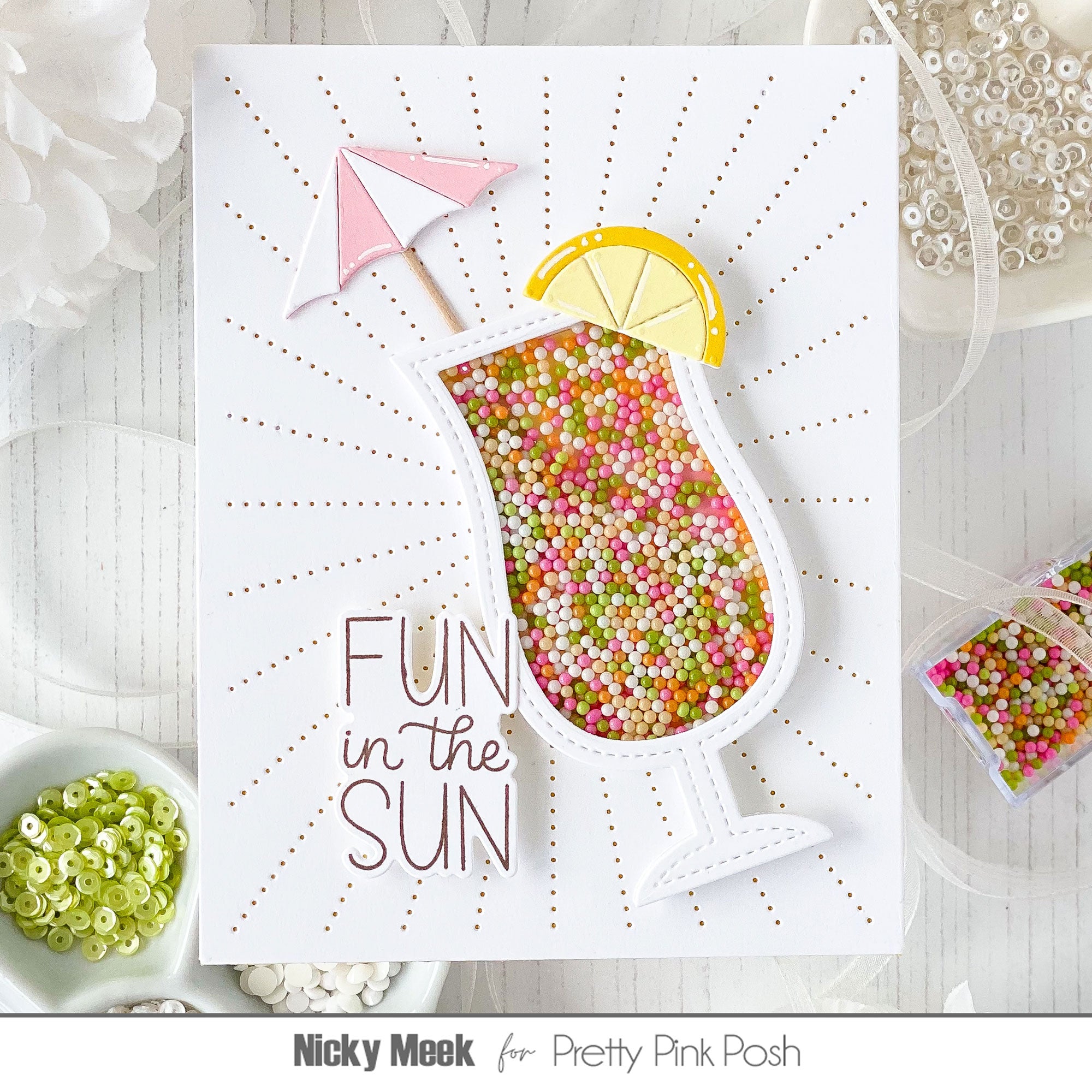 Pretty Pink Posh Rainbow Sherbet Glass Shaker Beads lemon wedge pink white umbrella glass drink rays shaker card