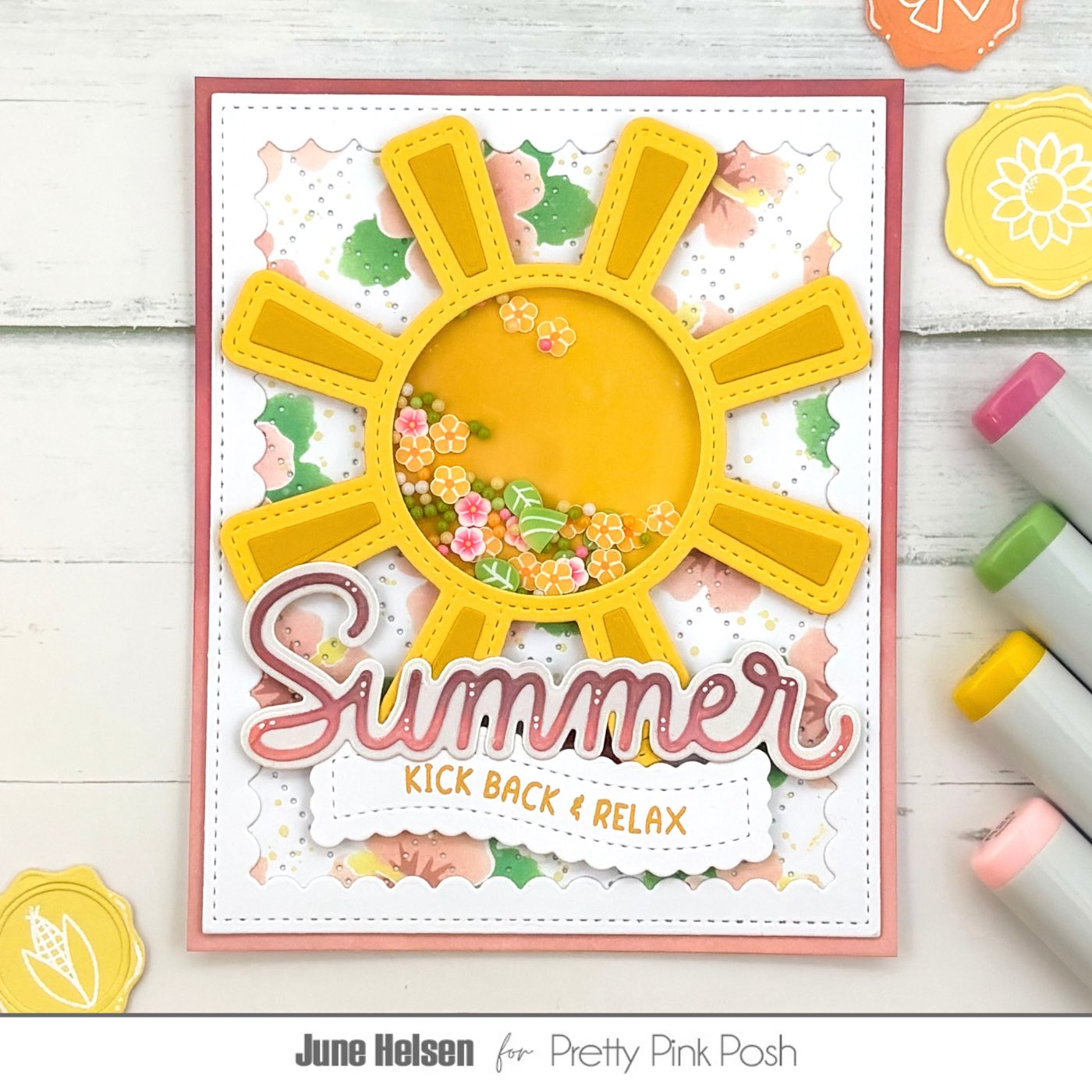 Pretty Pink Posh Rainbow Sherbet Glass Shaker Beads yellow sun hibiscus pink summer rays shaker card