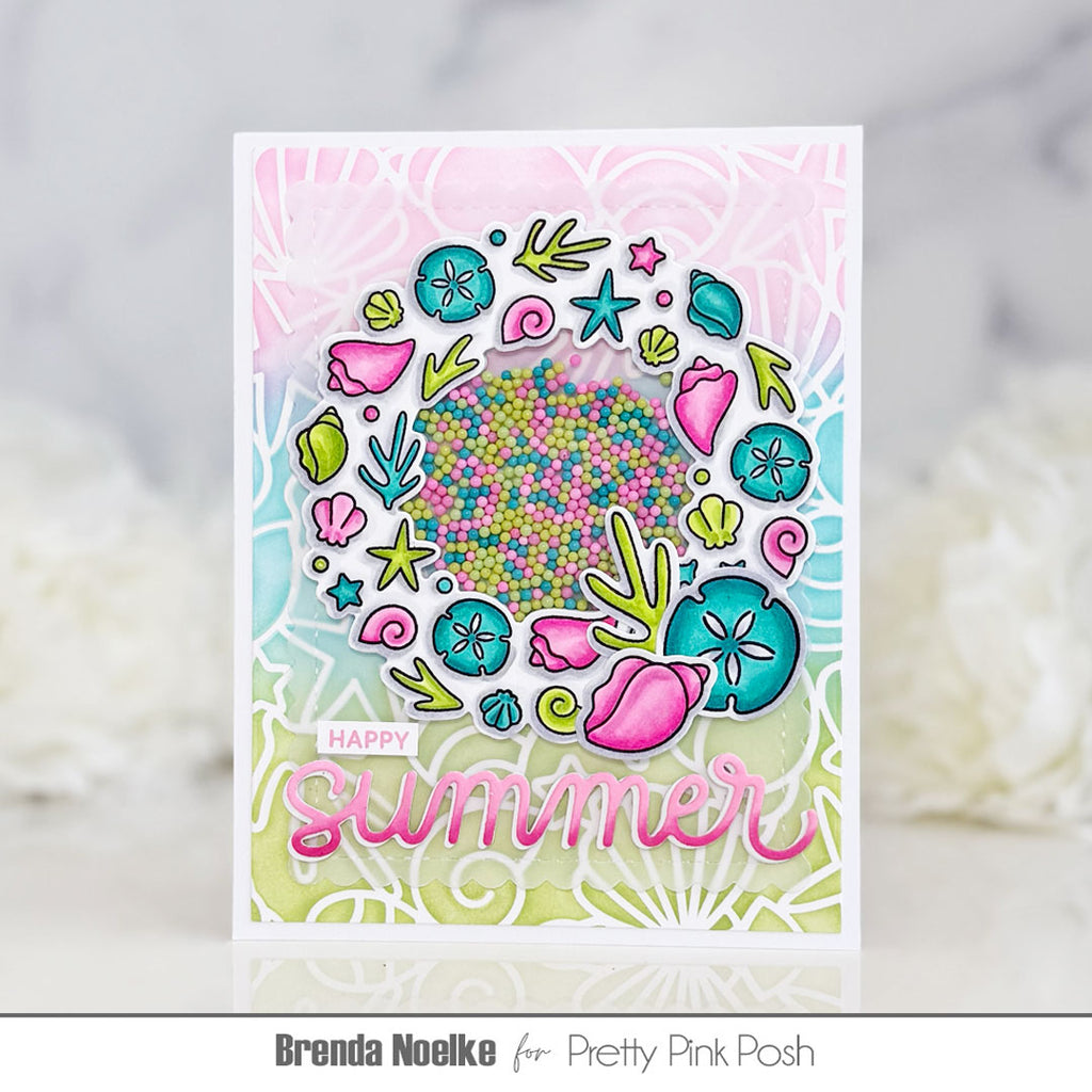 Pretty Pink Posh Seashell Wreath Clear Stamp and Die Set shaker card