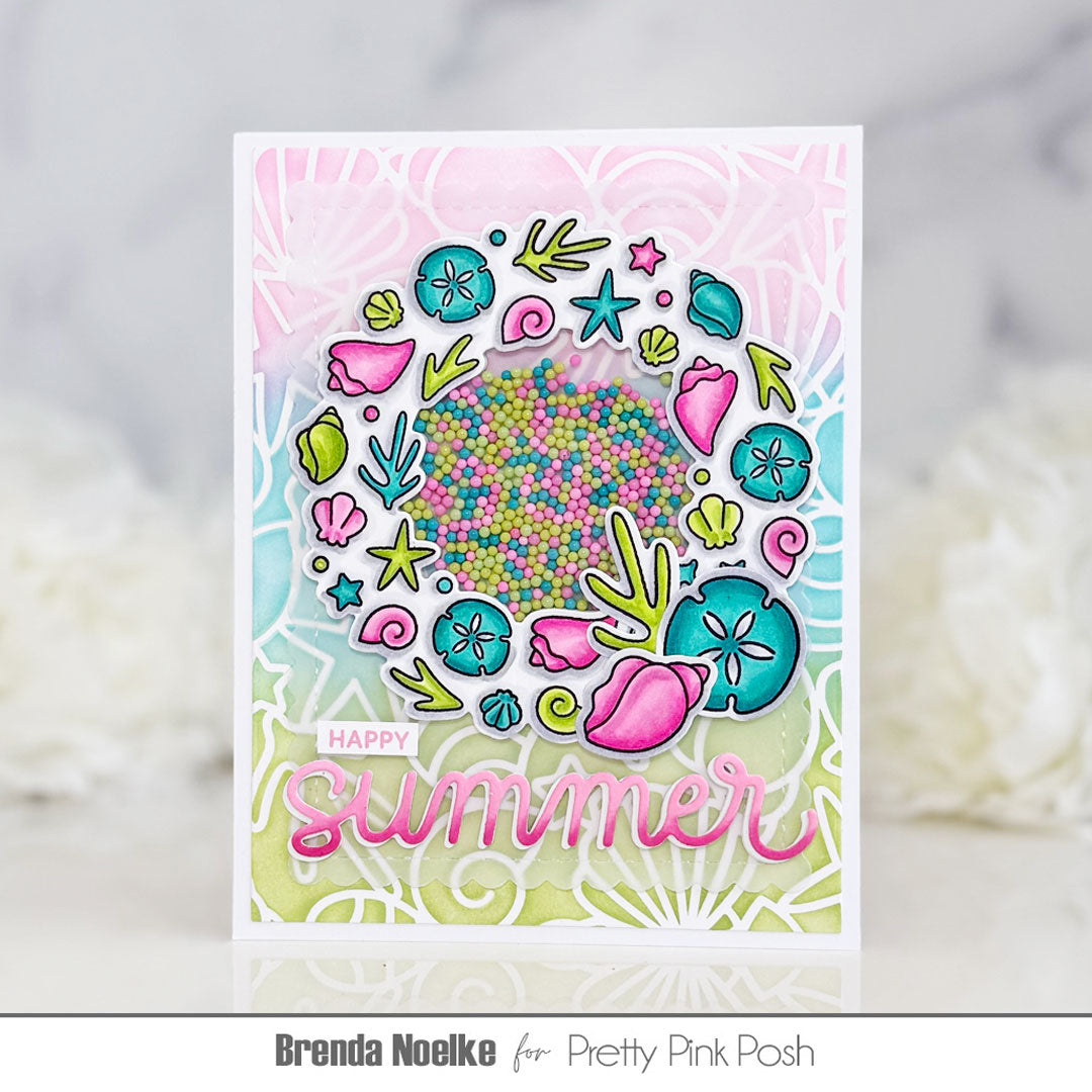 Pretty Pink Posh Seashell Wreath Clear Stamp and Die Set shaker card