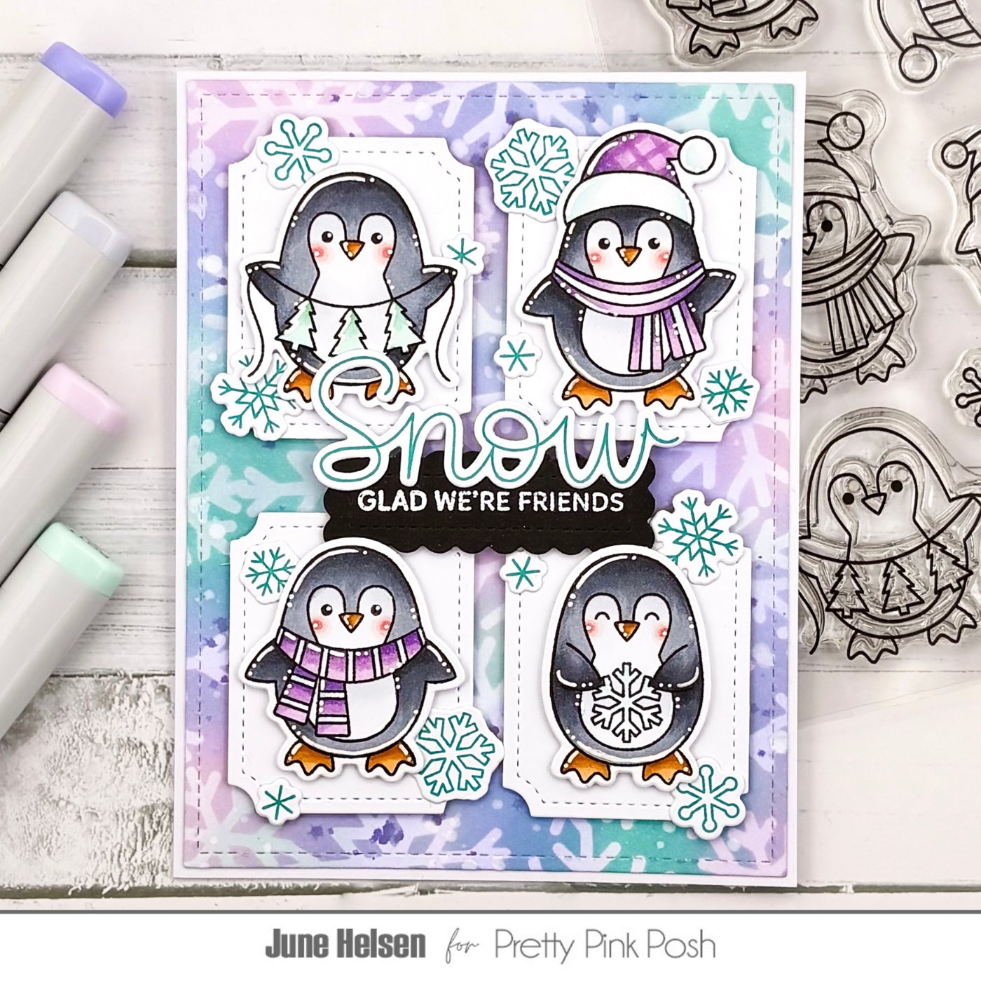 Pretty Pink Posh Snowflake Background Stencil penguins