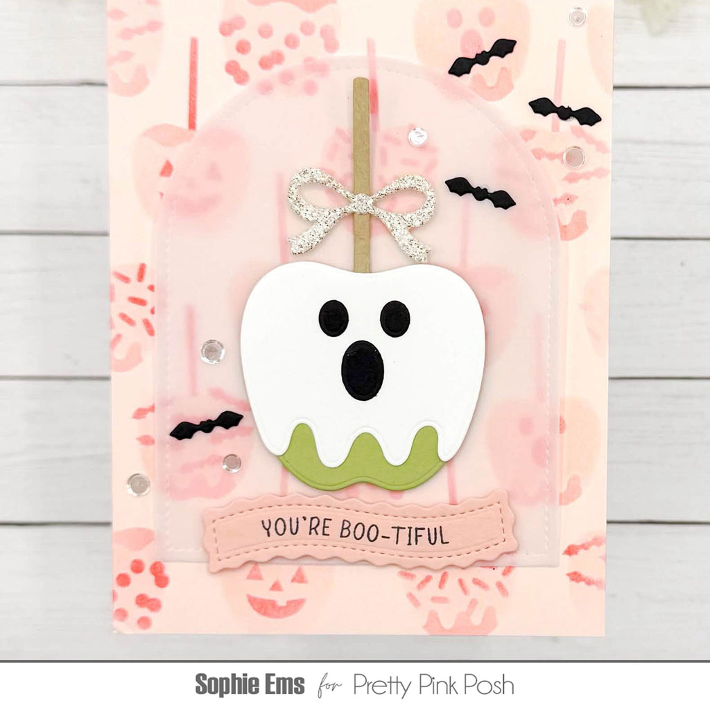 Pretty Pink Posh Stitched Arches Dies silver glitter bow apple card