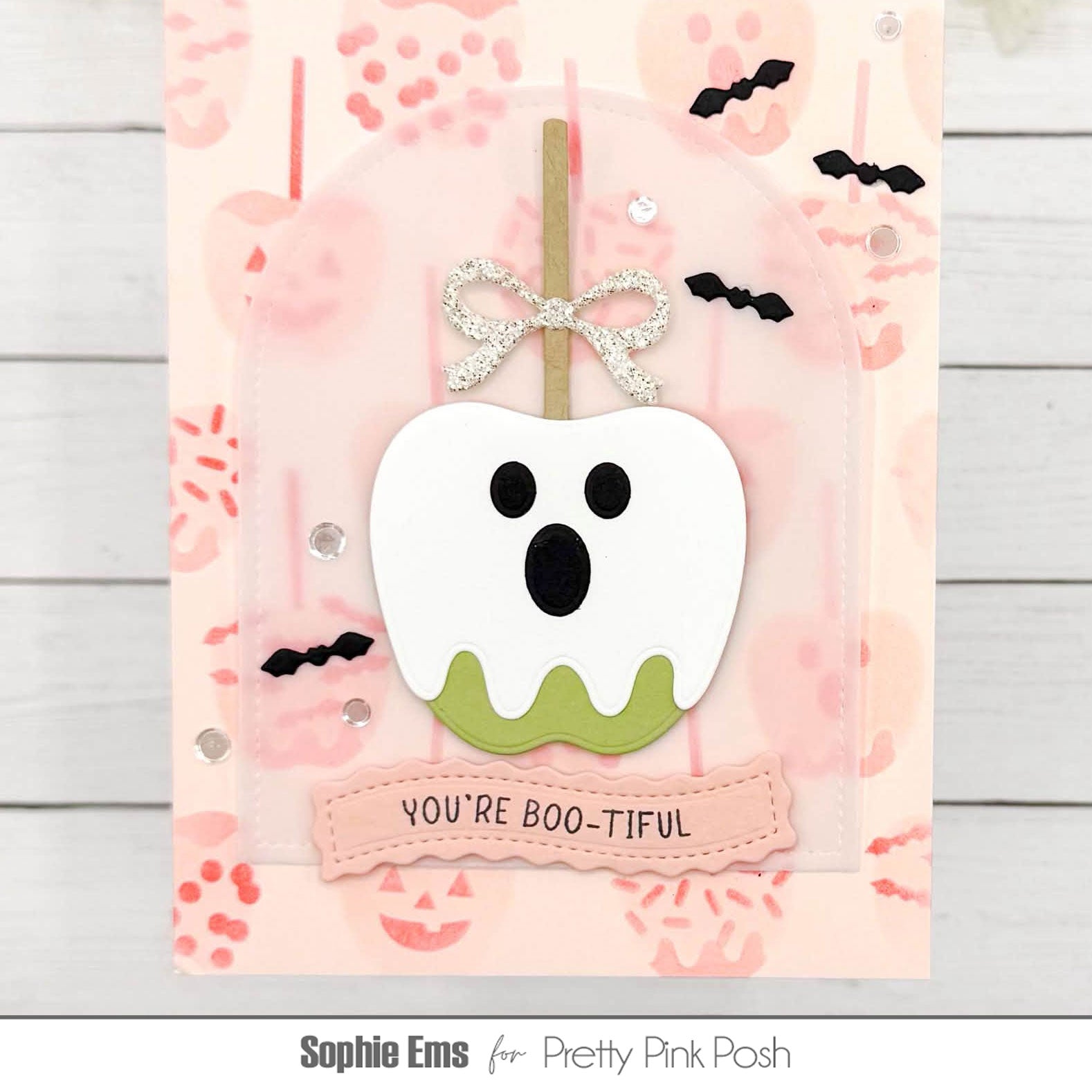 Pretty Pink Posh Stitched Arches Dies silver glitter bow apple card