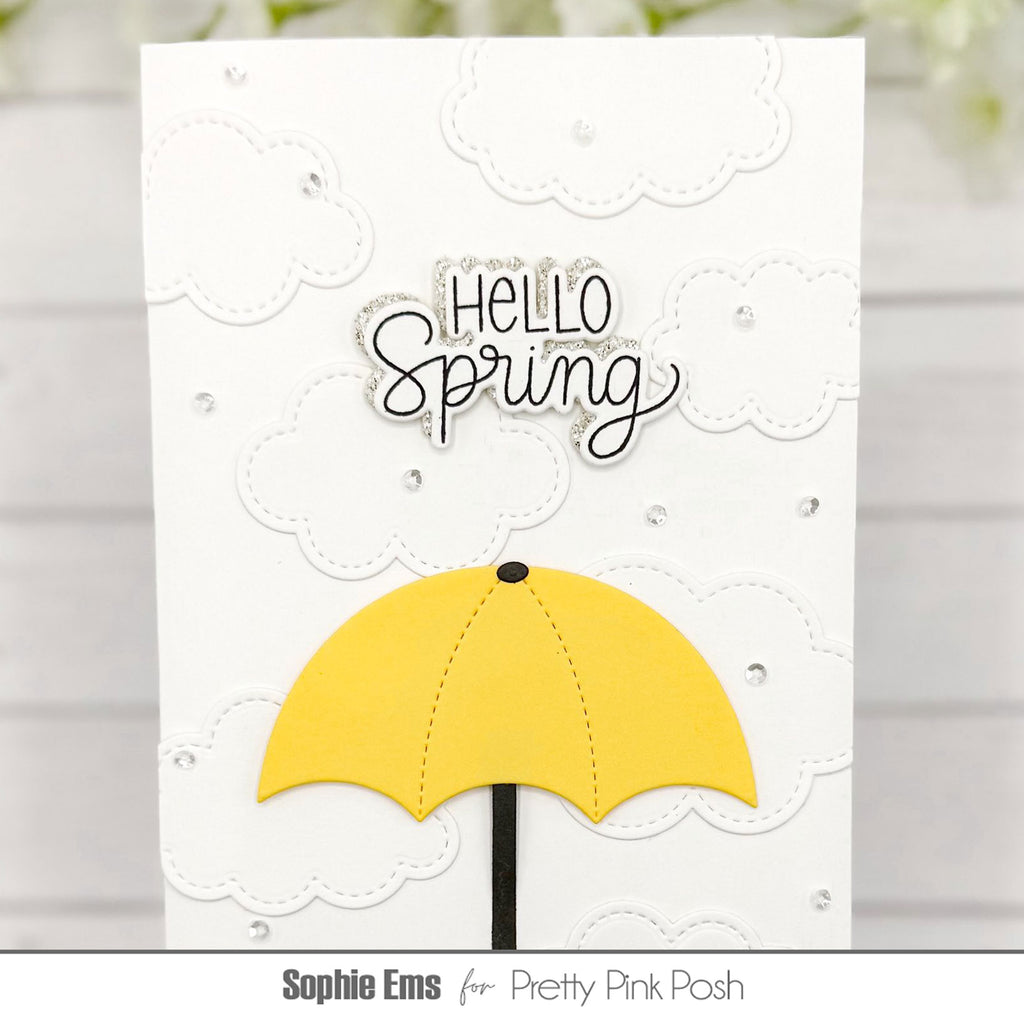 Pretty Pink Posh Stitched Clouds Dies yellow umbrella