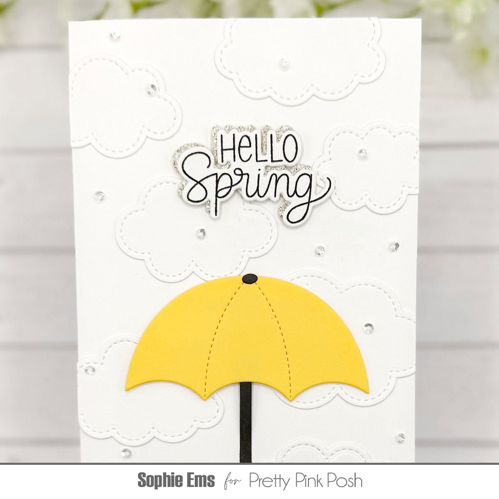 Pretty Pink Posh Stitched Clouds Dies yellow umbrella