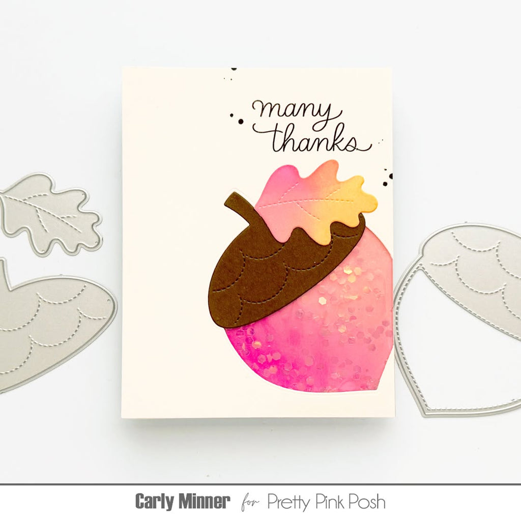 Pretty Pink Posh Stitched Leaves Dies many thanks acorn card