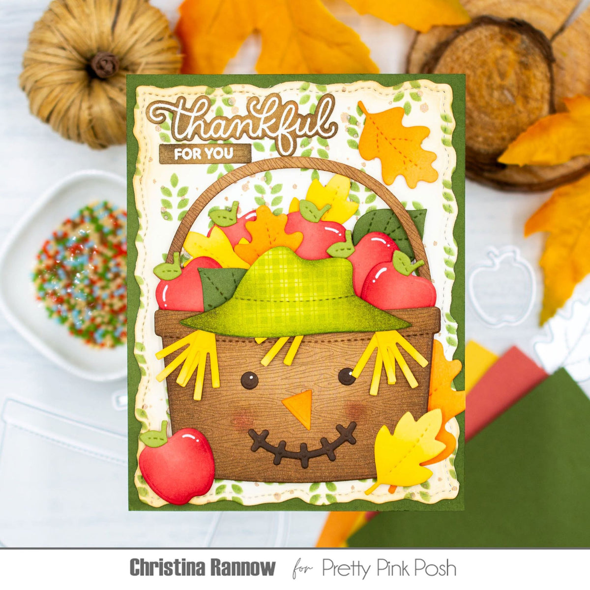 Pretty Pink Posh Stitched Leaves Dies thankful for you basket card