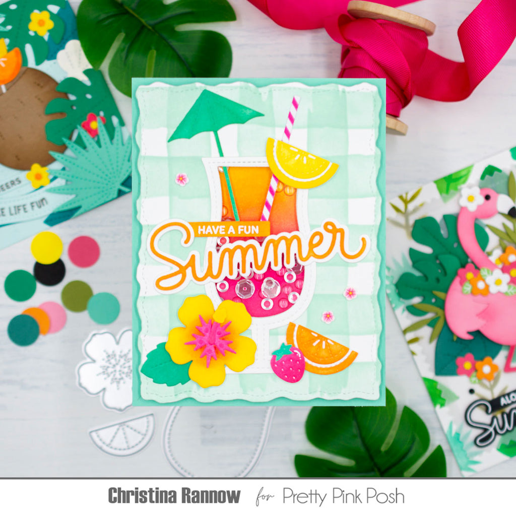 Pretty Pink Posh Summer Blooms Clay Confetti lemon orange citrus hibiscus umbrella drink pink orange green shaker card