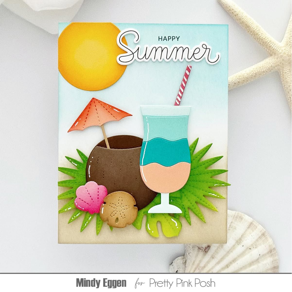 Pretty Pink Posh Summer Cocktails Dies coconuts drinks tropical leaves shells umbreela sun straw happy summer card