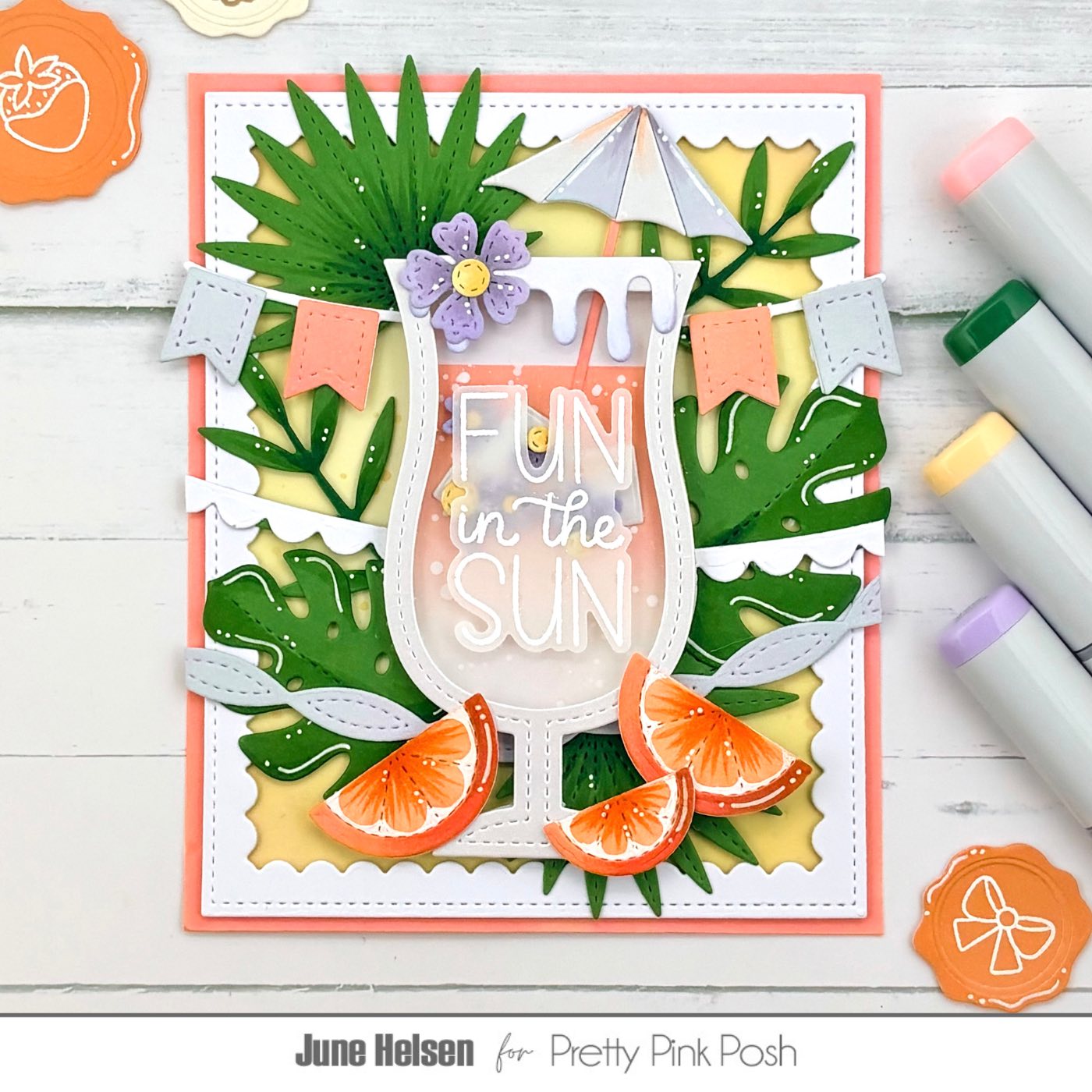 Pretty Pink Posh Summer Drink Shaker Dies glass frosty umbrella banners pennants green leaves orange wedges card