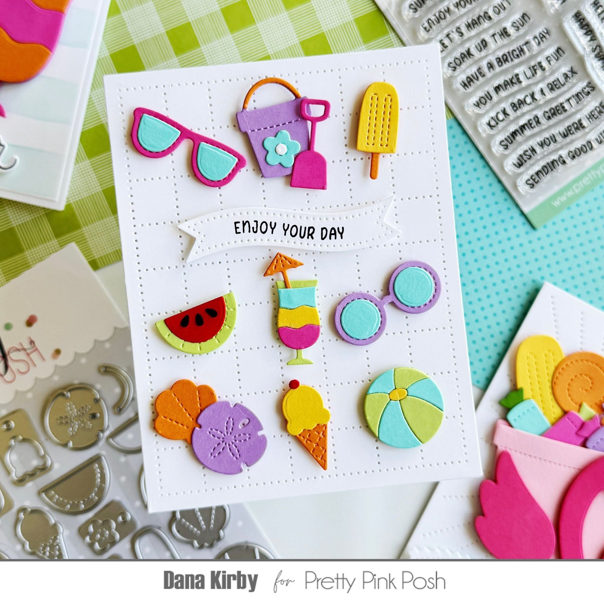 Pretty Pink Posh Summer Holder Additions Dies beachball bucket shovel sunglasses popsicle ice cream shells watermelon card