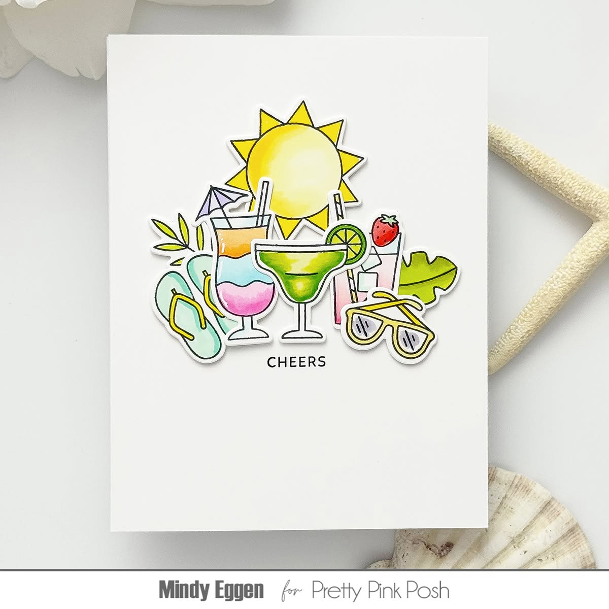 Pretty Pink Posh Summer Sips Clear Stamps  sun drinks fruit flip flops umbrella straws sunglasses cheers card