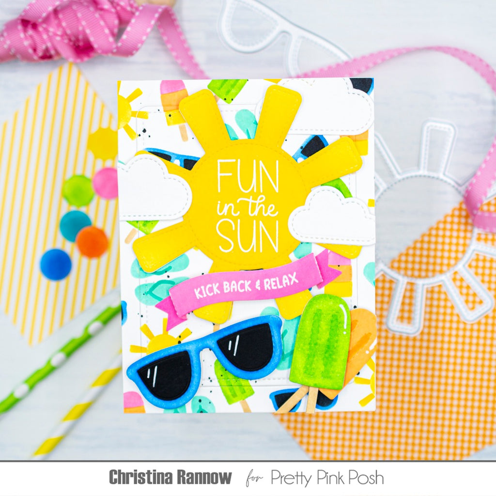 Pretty Pink Posh Sun Shaker Dies blue sunglasses popsicles fun in the sun relax clouds yellow pink green card
