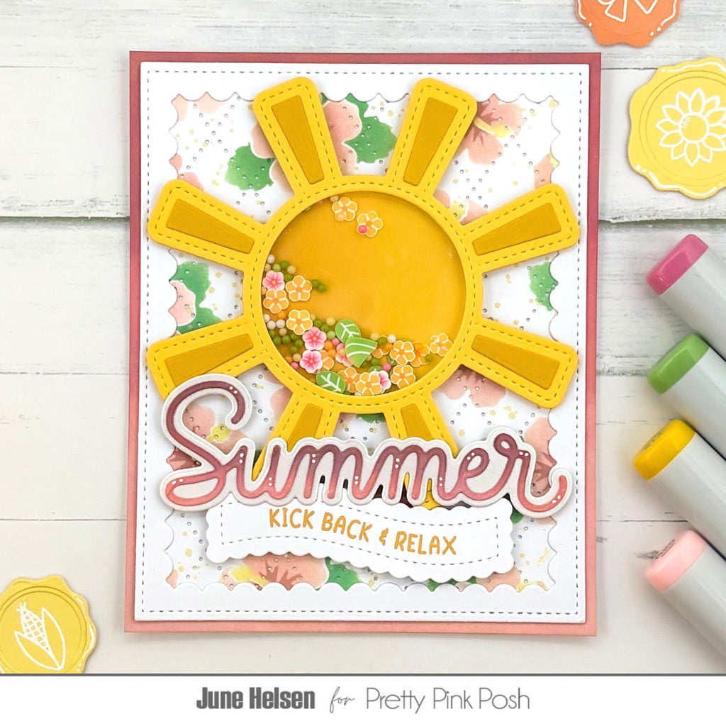 Pretty Pink Posh Sun Shaker Dies hibiscus flowers summer relax rays scalloped frame shaker card
