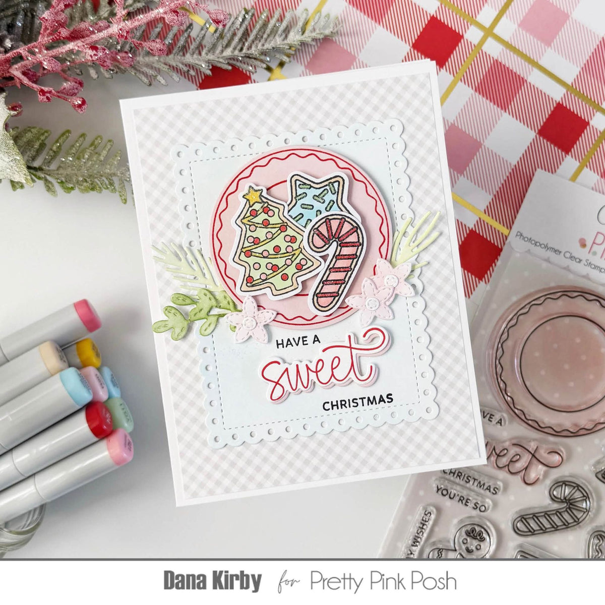 Pretty Pink Posh Sweet Christmas Cookies Clear Stamp and Die Set plaid background christmas card