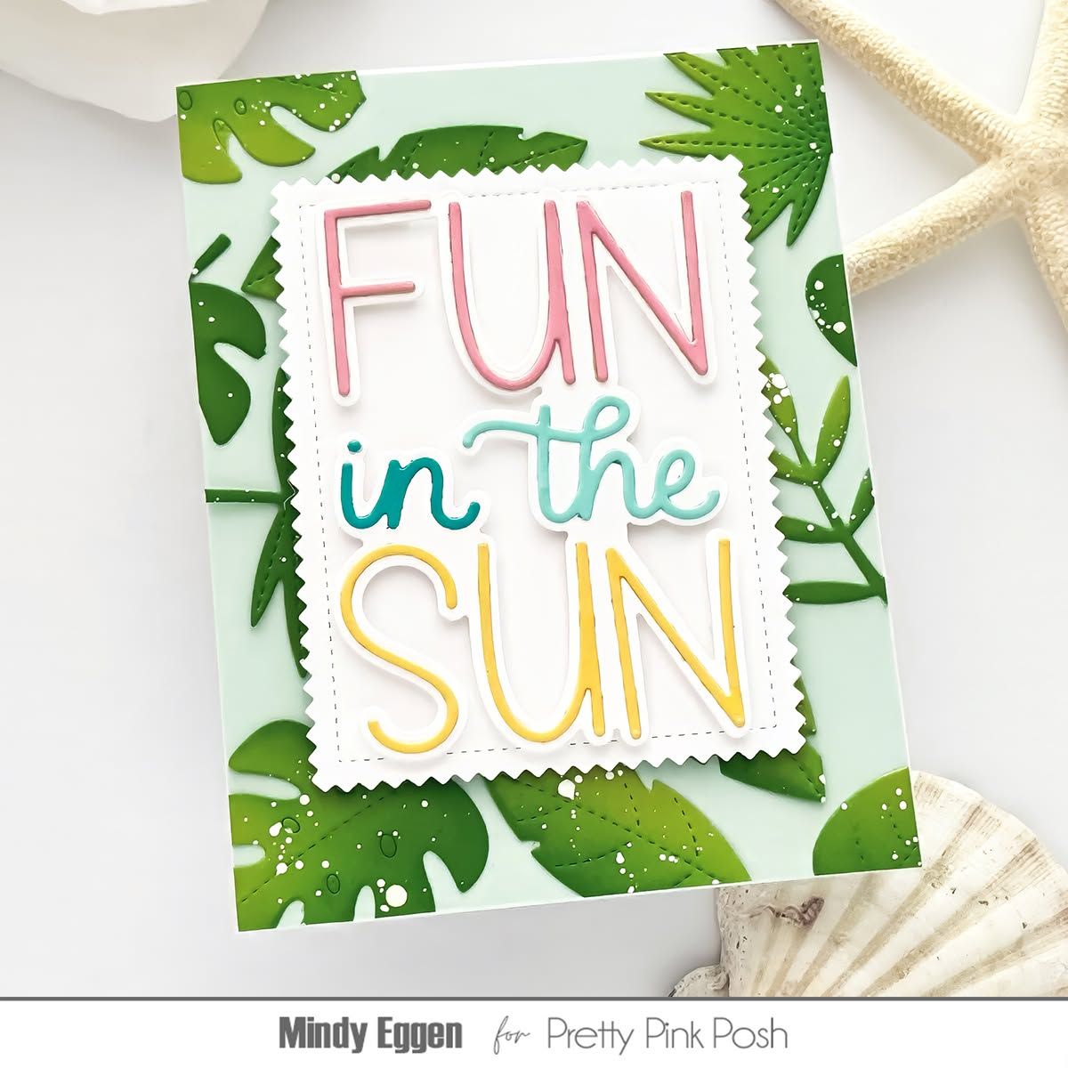 Pretty Pink Posh Tropical Leaves Dies fun in the sun green pink blue yellow stitched frame card