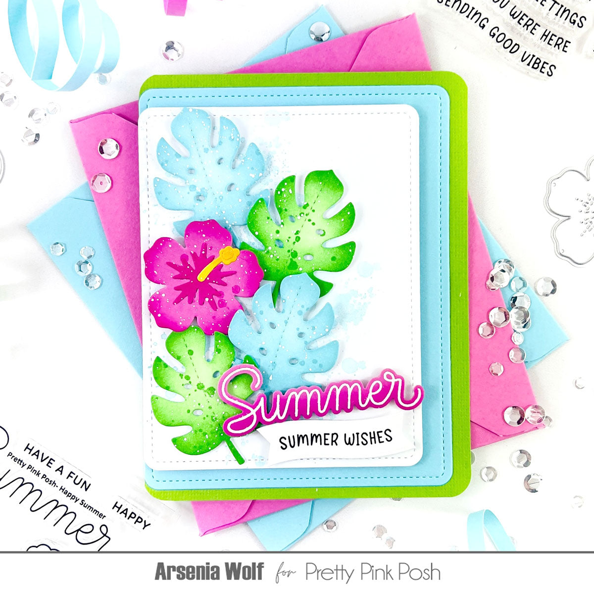 Pretty Pink Posh Tropical Leaves Dies summer pink green blue stitched frames card