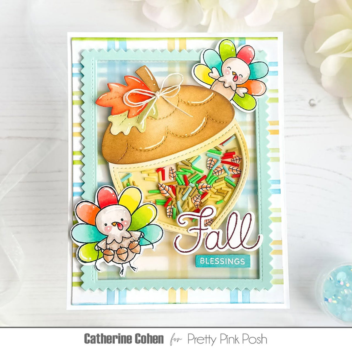 Pretty Pink Posh Turkey Friends Clear Stamps fall blessings acorn shaker card