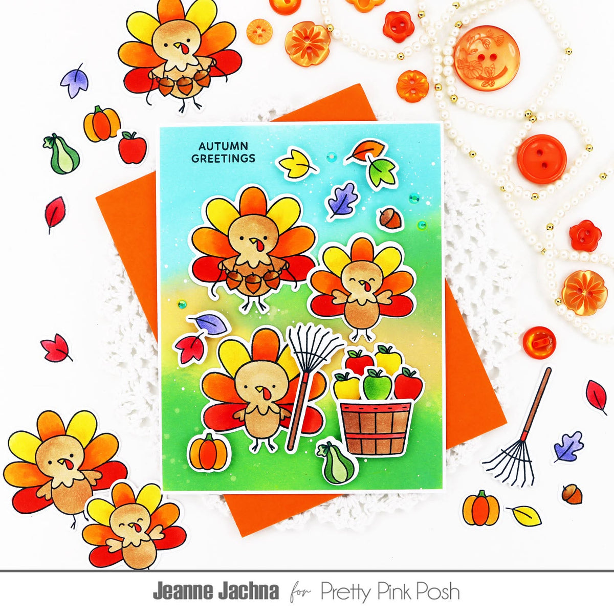 Pretty Pink Posh Turkey Friends Coordinating Dies autumn greetings apples card