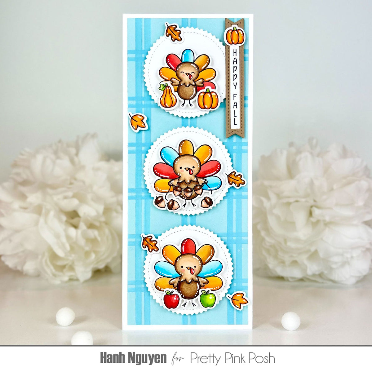 Pretty Pink Posh Turkey Friends Coordinating Dies blue plaid background card