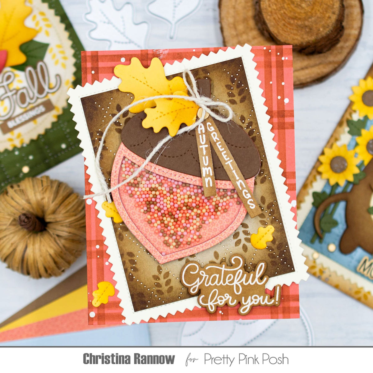 Pretty Pink Posh Upright Greetings Fall Clear Stamps acorn shaker card