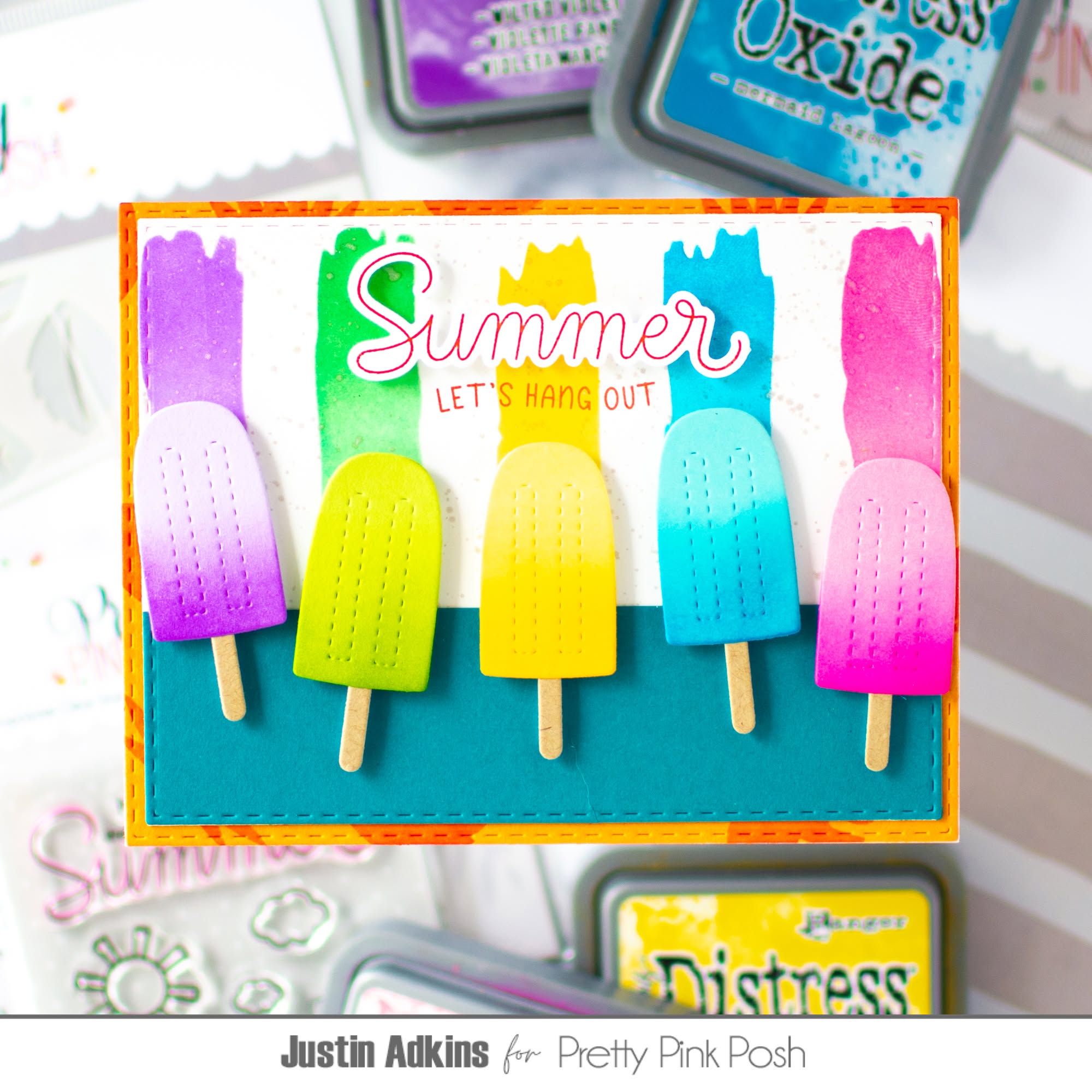 Pretty Pink Posh Watercolor Strips with Masks Stencil popsicles summer bright colors melting card