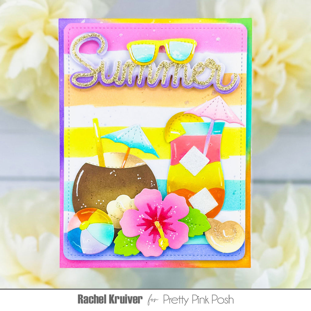 Pretty Pink Posh Watercolor Strips with Masks Stencil summer sunglasses coconut umbrella drinks beachball shells hibiscus card