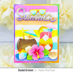 Pretty Pink Posh Watercolor Strips with Masks Stencil summer sunglasses coconut umbrella drinks beachball shells hibiscus card