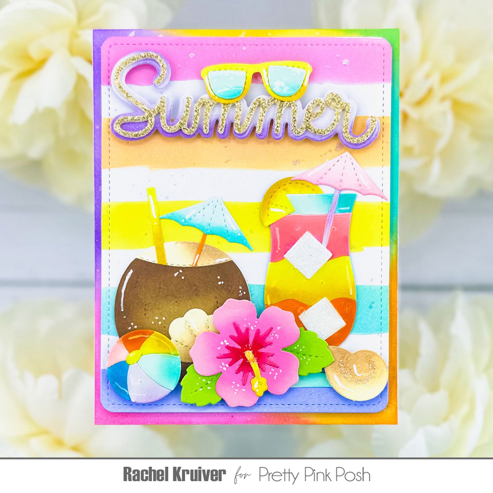 Pretty Pink Posh Watercolor Strips with Masks Stencil summer sunglasses coconut umbrella drinks beachball shells hibiscus card