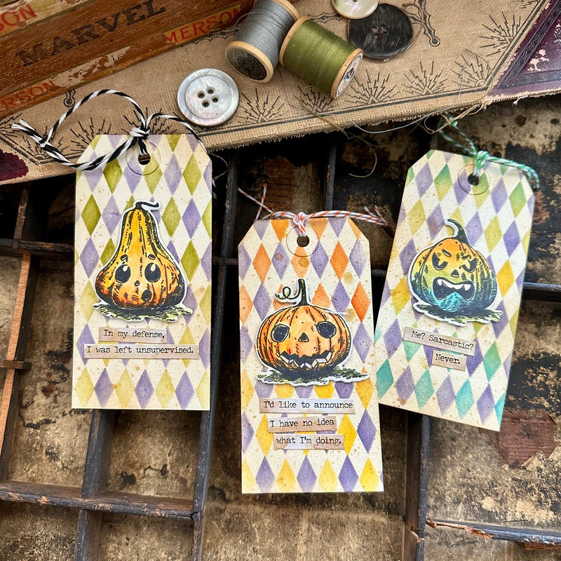 Tim Holtz Pumpkinhead Stamps with Simon Says Stamp Dies Bundle setph25 Halloween Tags| color-code:ALT01