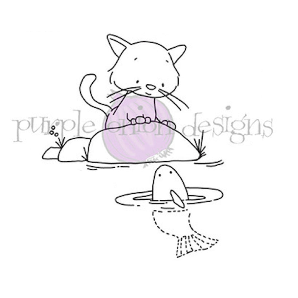 Purple Onion Designs Allie Kitty On Rock Unmounted Cling Stamp pod6048