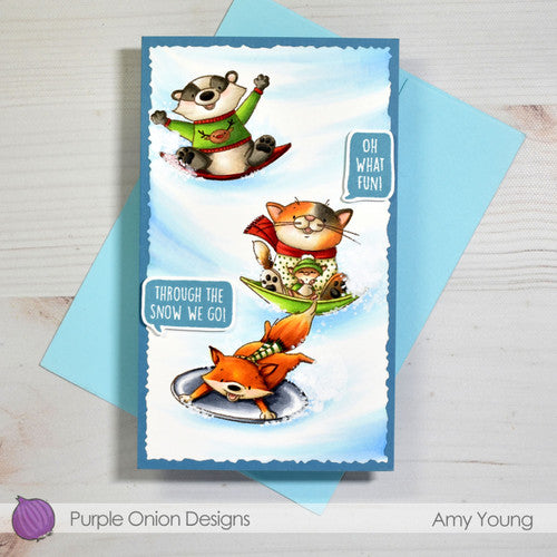 Purple Onion Designs Benjamin Unmounted Cling Stamp pod6002 Snow Sledding Card