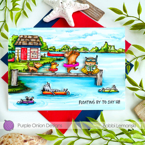 Purple Onion Designs Riley Oliver And Boo Go Float Tubing Unmounted Cling Stamp pod6040 Summer Boat House Card