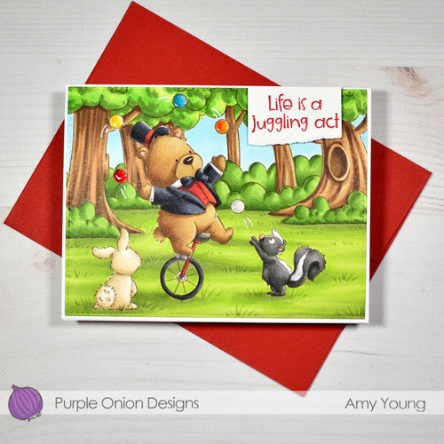 Purple Onion Designs Sunshine And Rainbows Sentiments Unmounted Cling Stamp Set pod9043 Life Is A Juggling Act Card