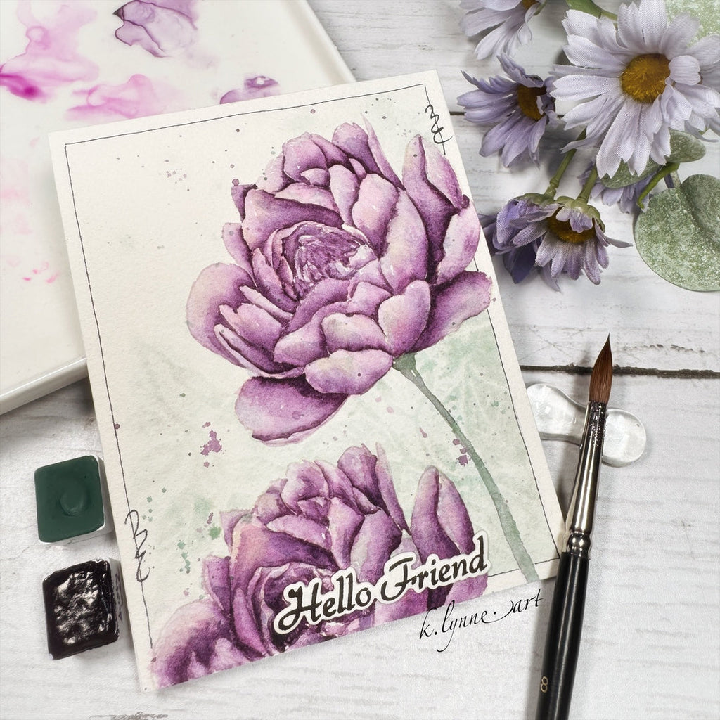 Purple Watercolored Flowers with Sentiment 'Hello Friend'