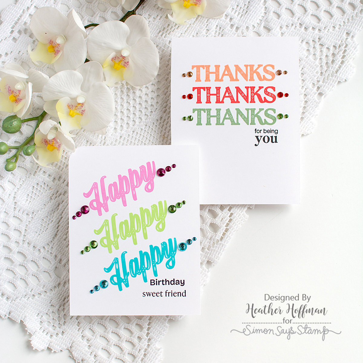 Rainbow Splash Clear Stamps Flourish Phrases rs120c Stamptember Heather Hoffman Simple Birthday and Thanks Cards