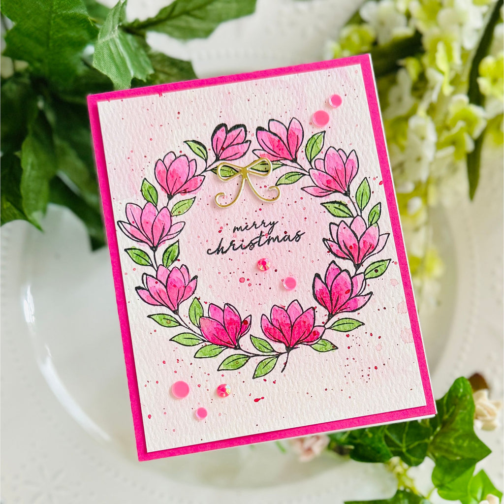 Rainbow Splash Clear Stamps Glad Tidings rs125c Stamptember Kailash Naidoo Pink Christmas Card