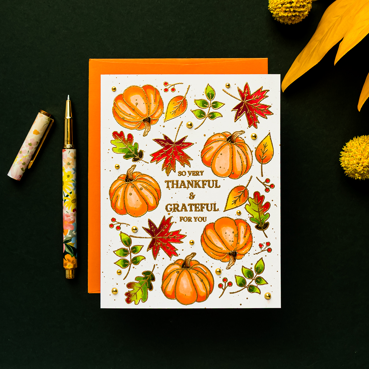 Rainbow Splash Clear Stamps So Very Thankful rs124c Stamptember Yana Smakula Grateful Card with Pumpkins and Leaves | color-code:ALT02