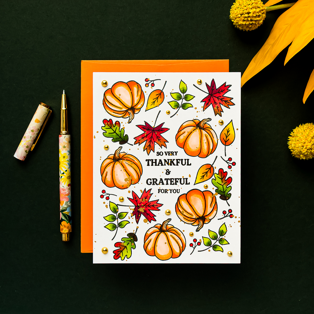 Rainbow Splash Stamps and Dies So Very Thankful set1327sv Stamptember Yana Smakula Grateful for You Card with Pumpkins and Leaves | color-code:ALT02