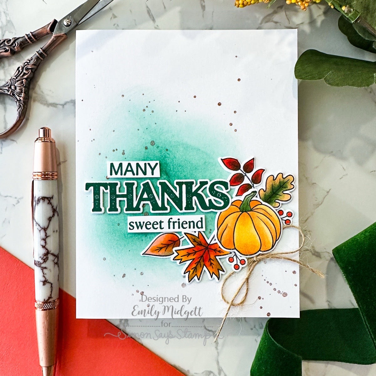Rainbow Splash Wafer Dies Flourish Phrases rsd613c Stamptember Emily Midgett Friend Thanks Card