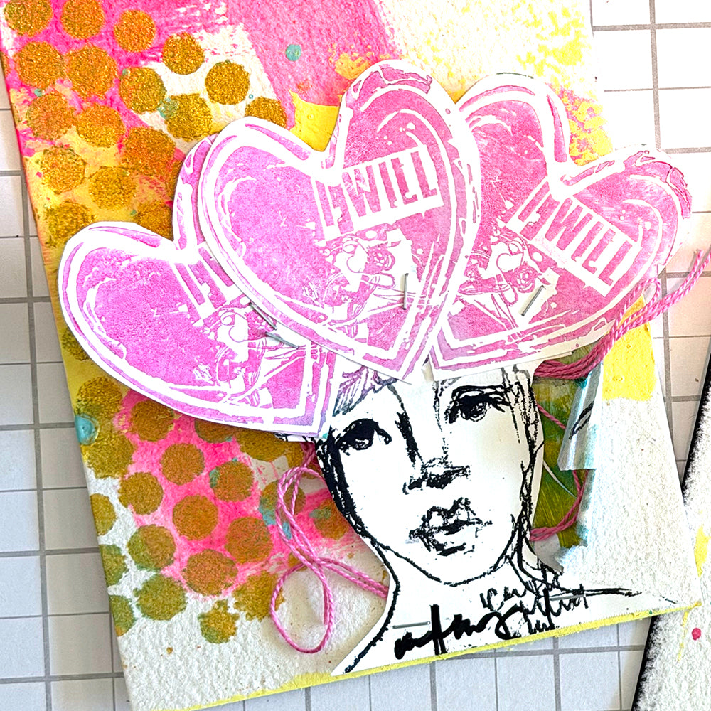 Ranger Dina Wakley MEdia Oro 1oz Acrylic Paint mdq95187 I Will Hearts Head Mixed Media Piece with Gold Accents