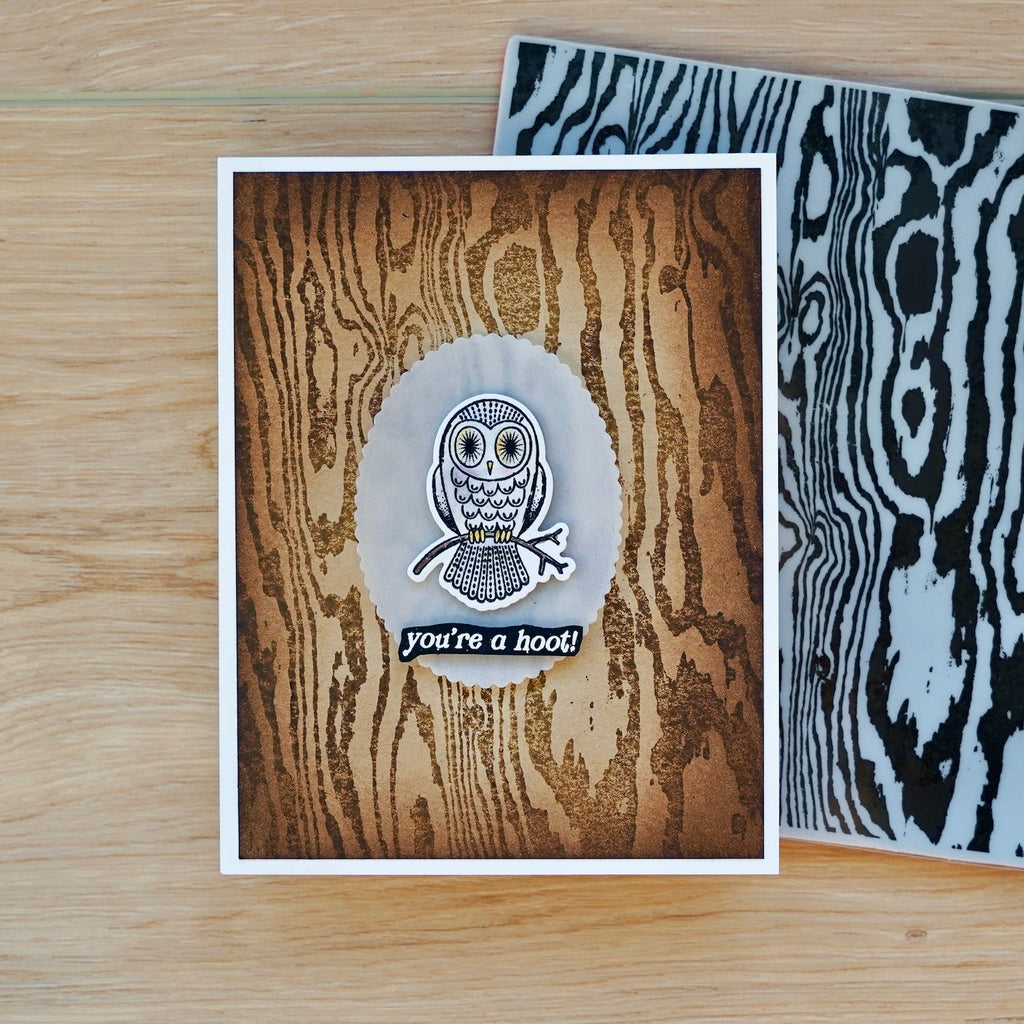 Ranger Simon Hurley Bold Woodgrain Background Cling Stamp hur87915 You're A Hoot Owl Card