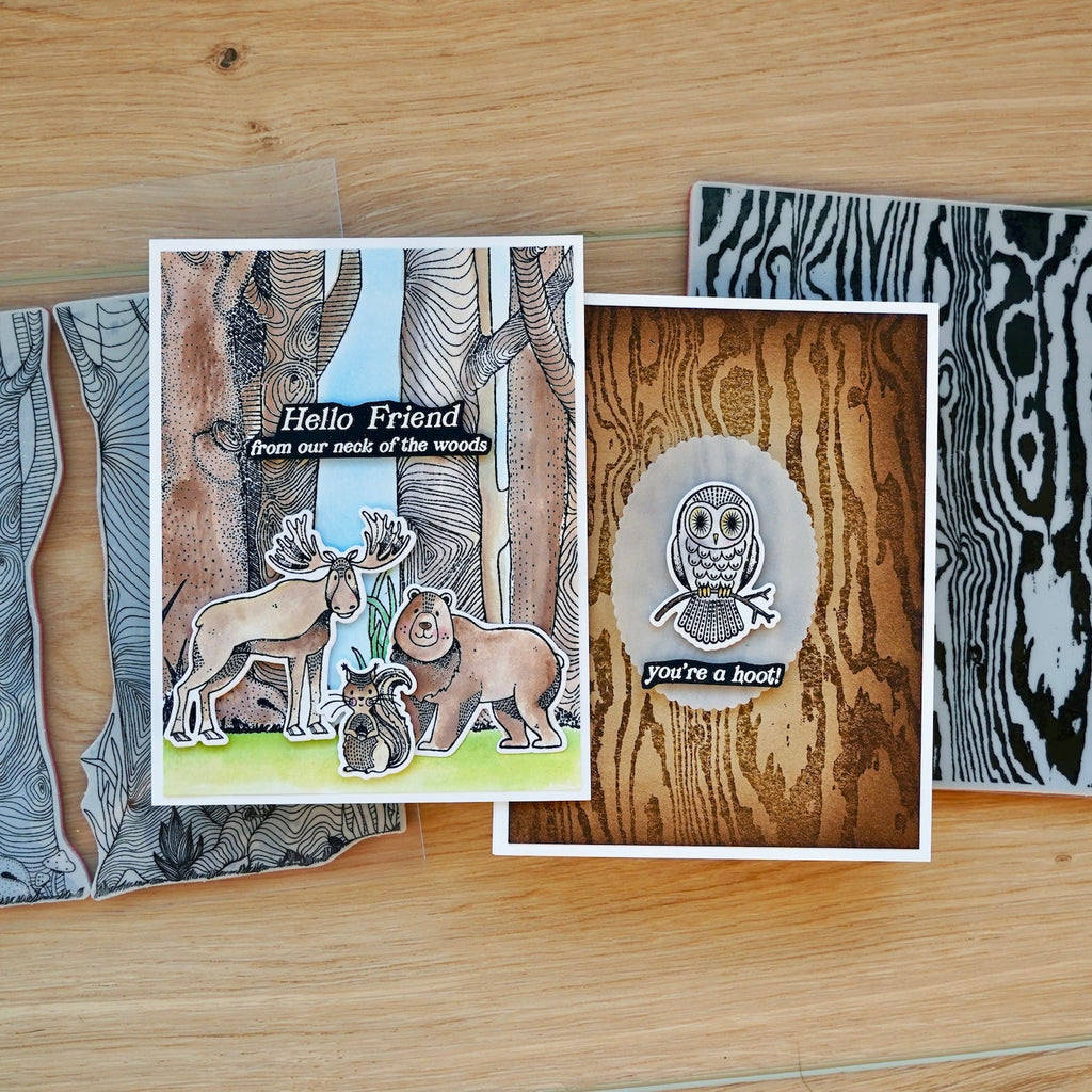 Ranger Simon Hurley Bold Woodgrain Background Cling Stamp hur87915 You're A Hoot Owl Card And Animals